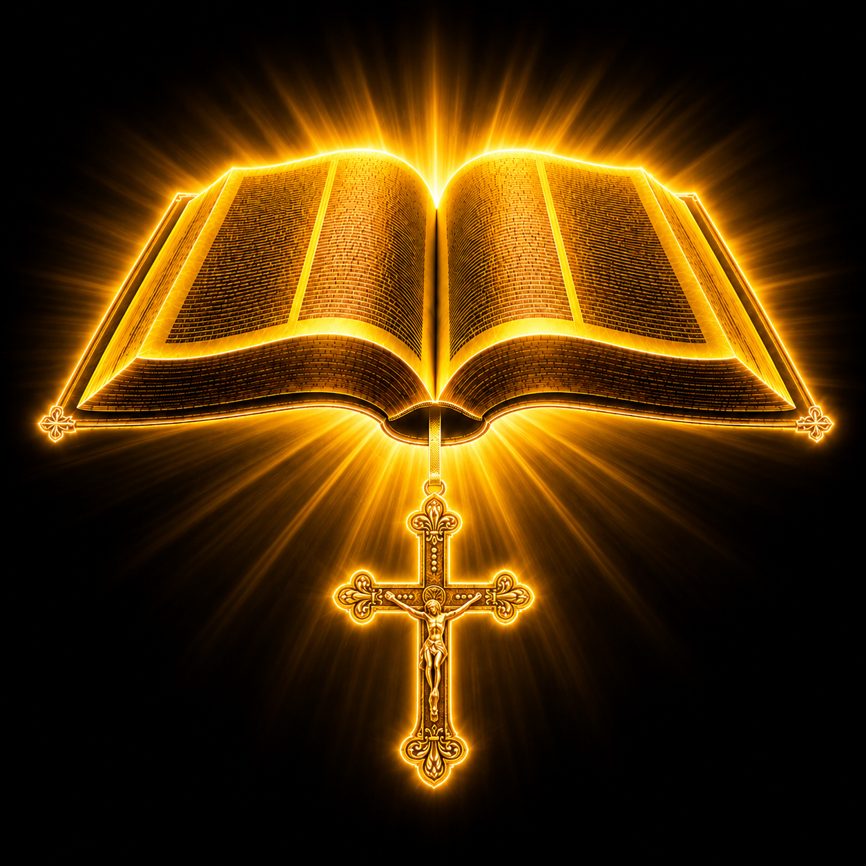 Bible Interpreter app icon — open Scripture with a golden crucifix